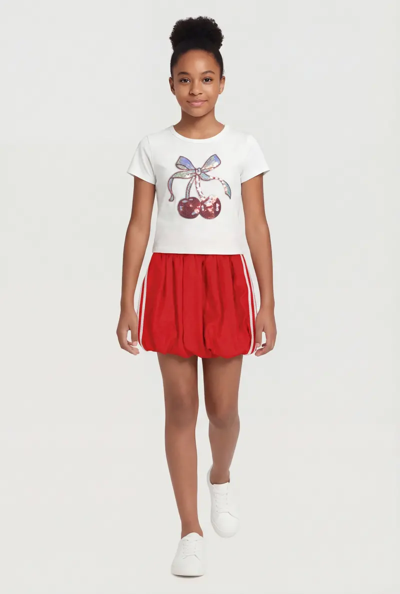 Girls’ Rhinestone Cherry Graphic Tee With Bubble Hem Skort Outfit 1