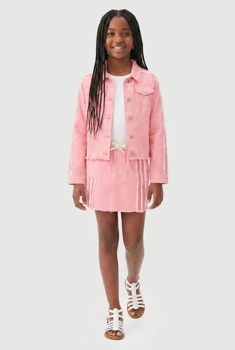 Girls' Trendy Asymmetrical Twill Skort Featuring Bold Varsity Stripes 1