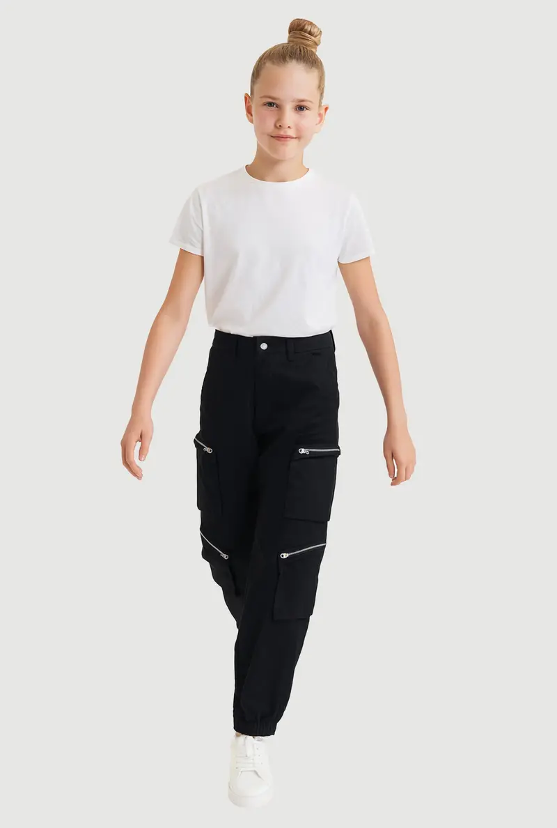 Girls Twill Utility Joggers With Zip Cargo Pockets 1
