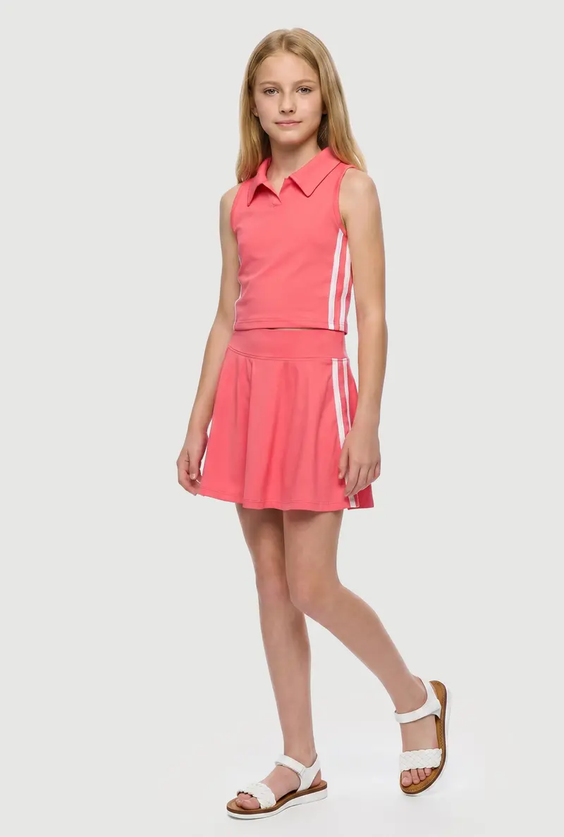 Girls Varsity-Inspired Stripe Sleeveless Polo Top And Matching Skirt 1