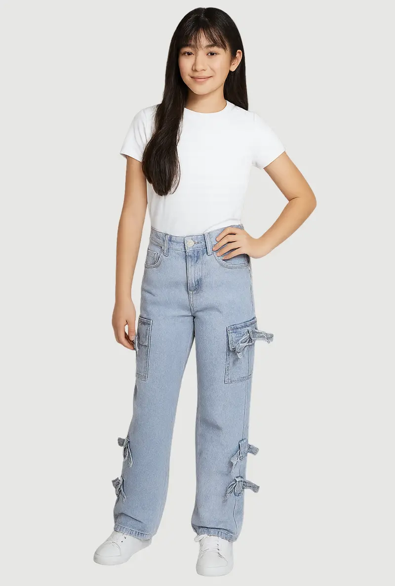 Girls' Vip-Inspired Straight-Leg Cargo Jeans With Bow Details 1
