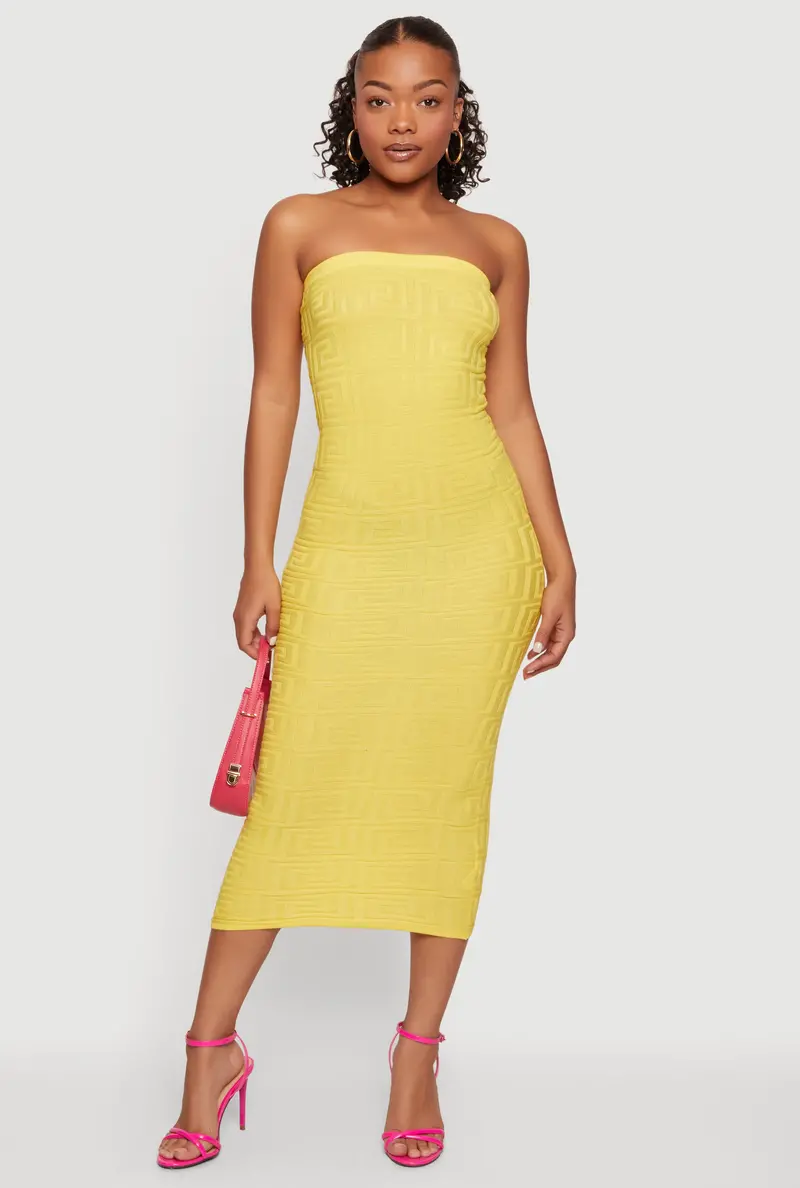 Greek Key Knit Strapless Midi Dress – Elegant Minimalist Style 1