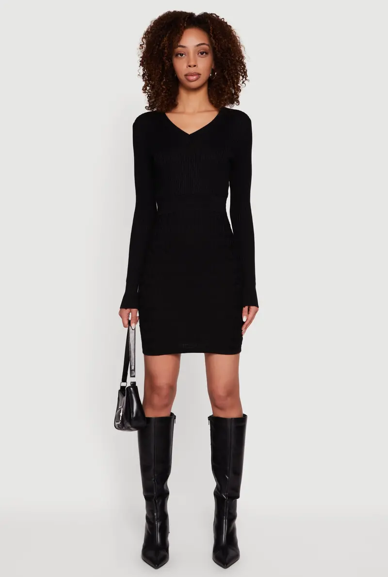 Greek Key Rib-Knit Sweater Dress – Long Sleeve, V-Neck 1