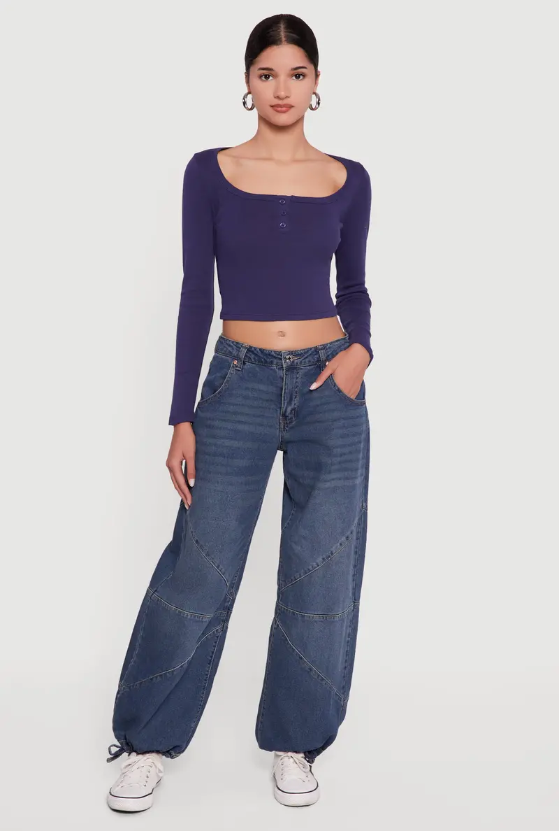 Henley-Style Long Sleeve Cropped Top 1