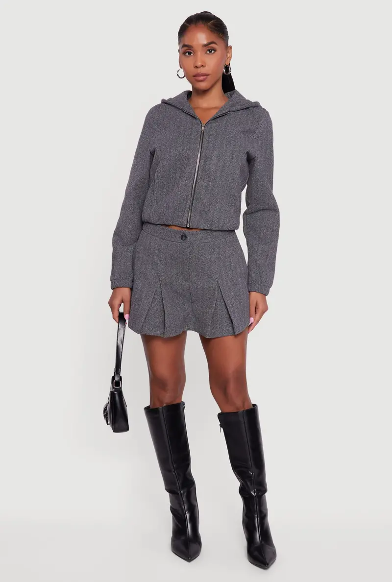 Herringbone-Lined Pleated Mini Skirt 1