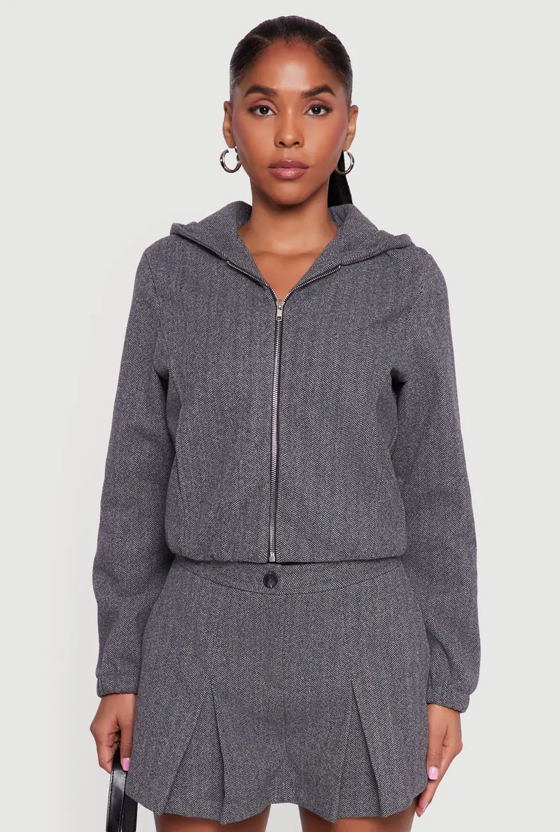Herringbone-Weave Jacket With Zip Front And Elastic Hem 1