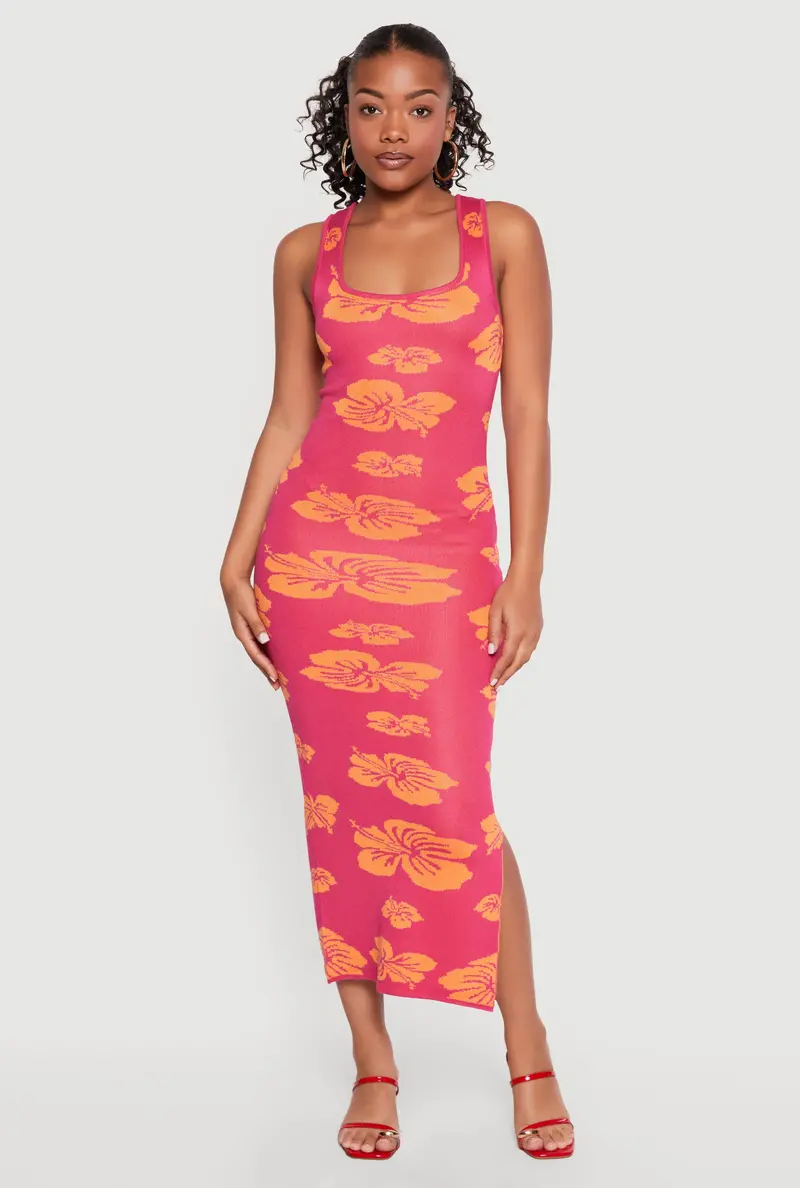 Hibiscus Flower Print Knit Dress – Sleeveless Summer Style 1