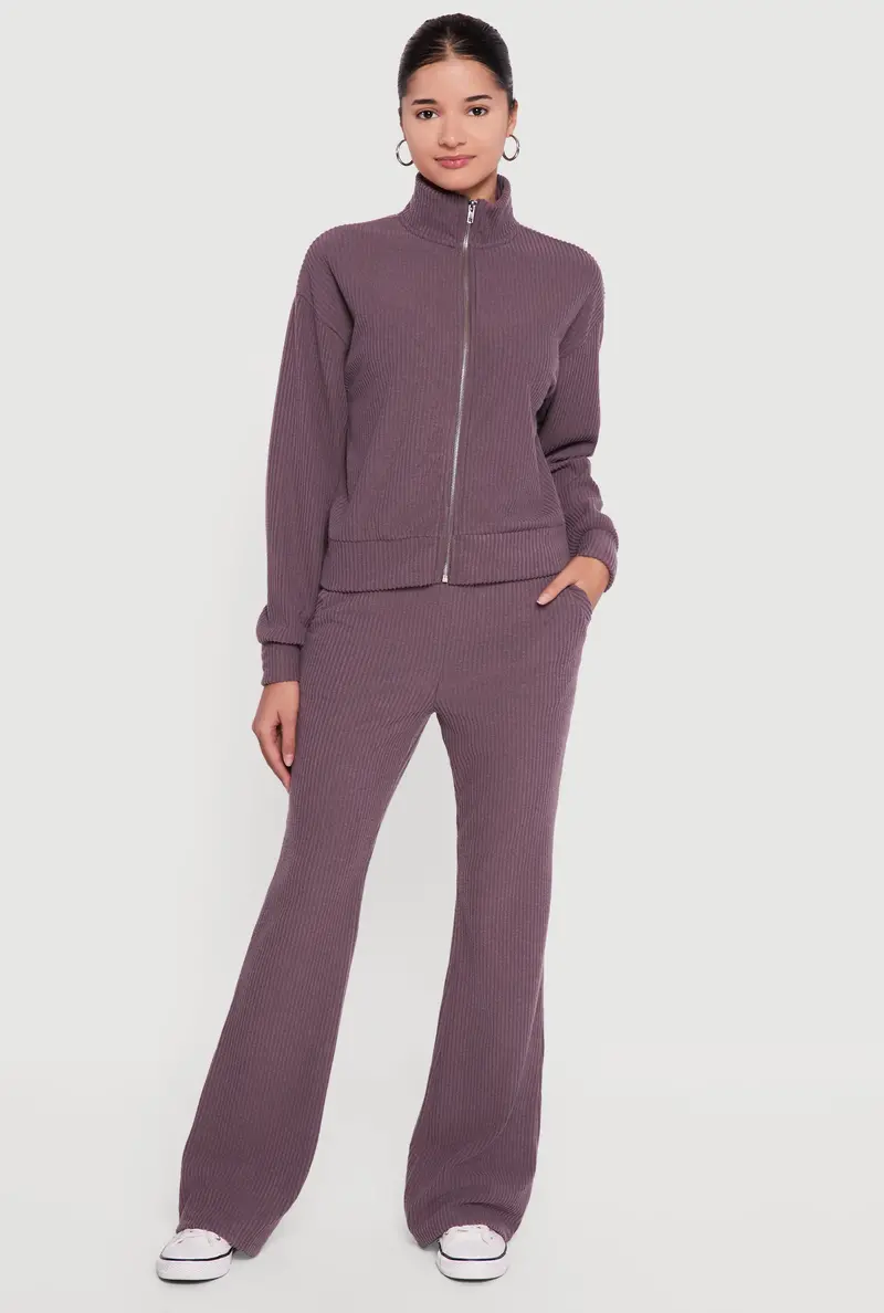 High-Waisted Flare-Leg Pants In Brushed Rib Knit 1