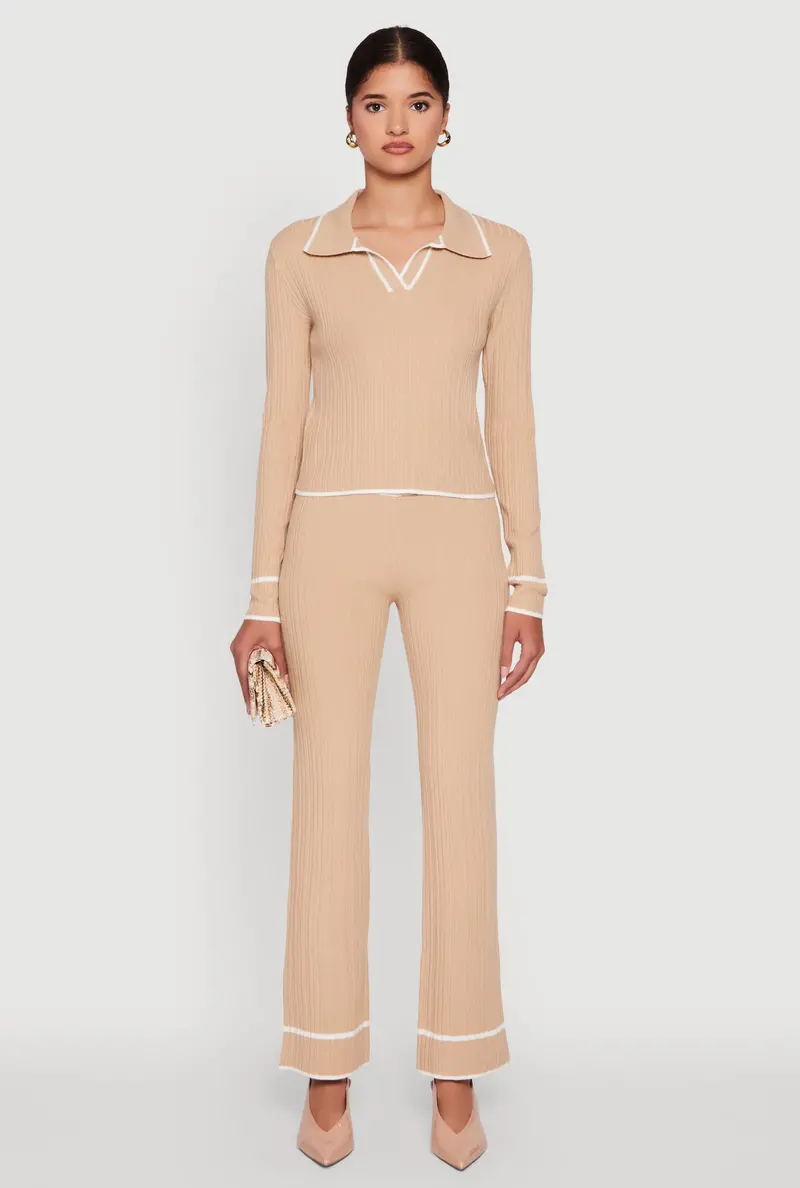 High-Waisted Ribbed Knit Pants With Contrast Binding 1