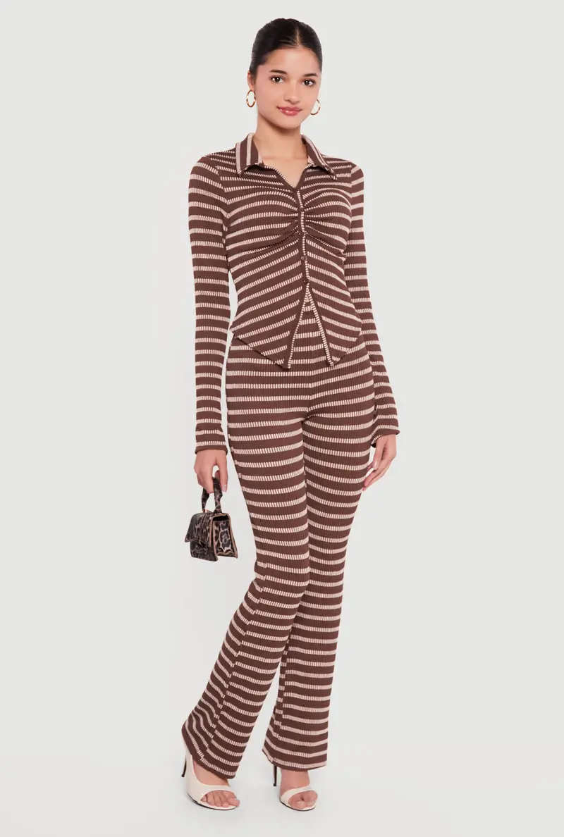 High-Waisted Ribbed Striped Knit Pants 1