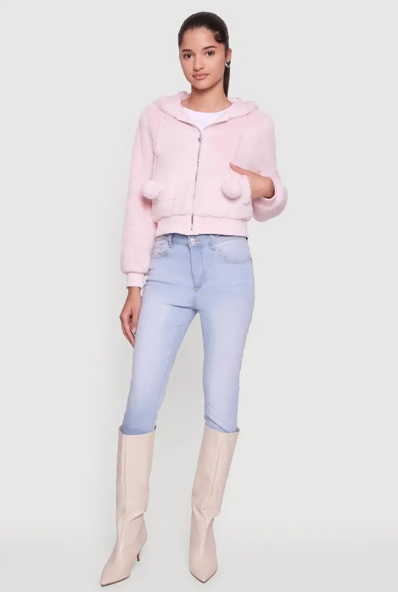 Hooded Faux Fur Jacket With Pom-Pom Drawstrings 1