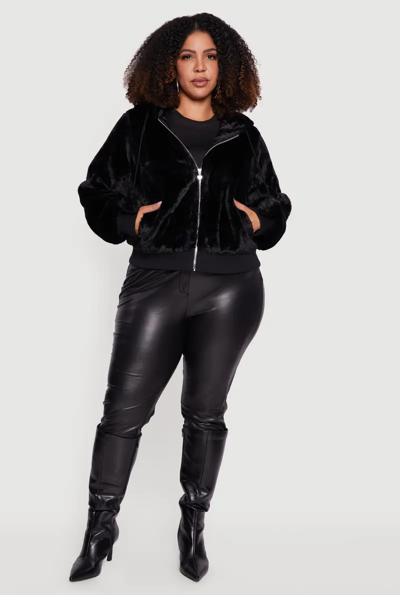 Hooded Faux Fur Jacket With Pom-Pom Drawstrings – Curvy Cut 1