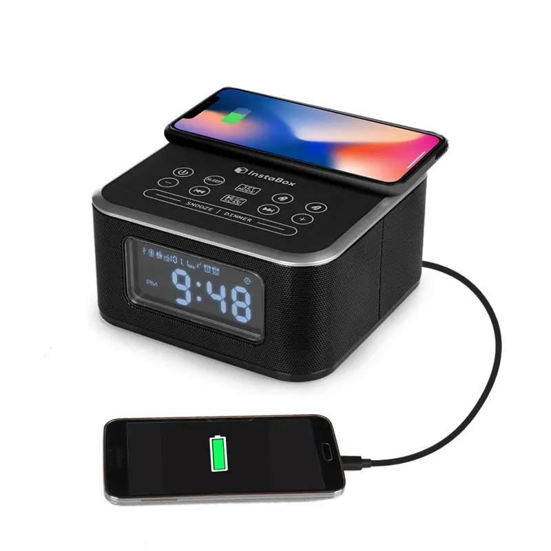 Instabox W33 Wireless Charging Alarm Clock Radio – Dual-Speaker Bluetooth Audio Device [Discontinued] 1