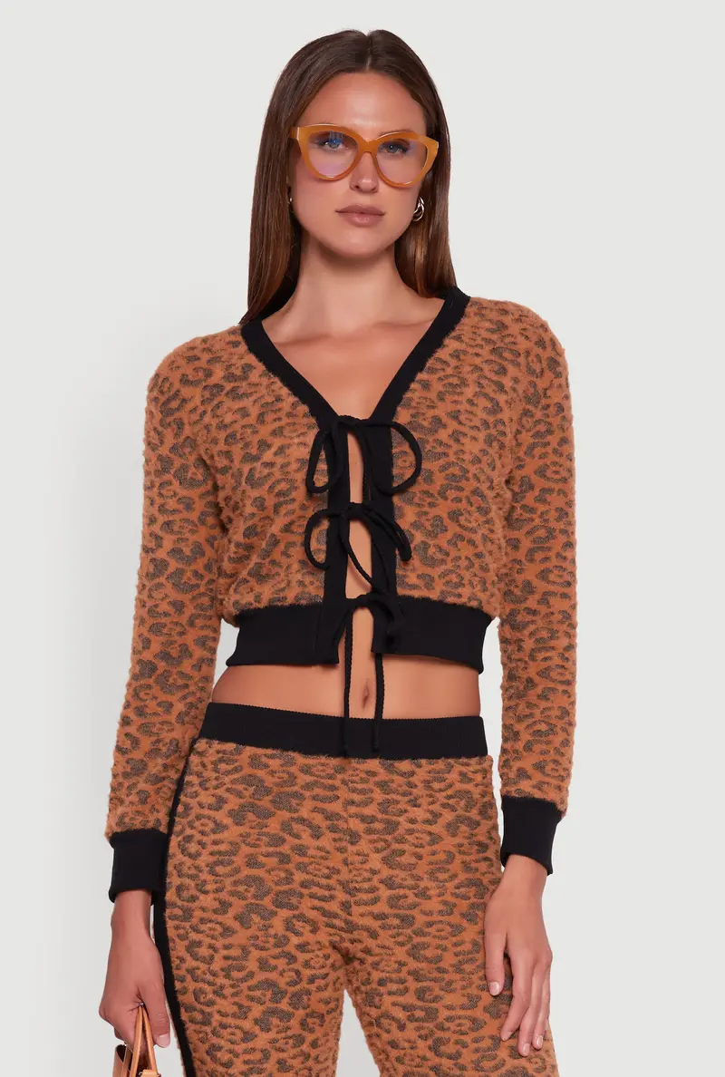 Jaguar-Print Cropped Cardigan With Tie Front 1
