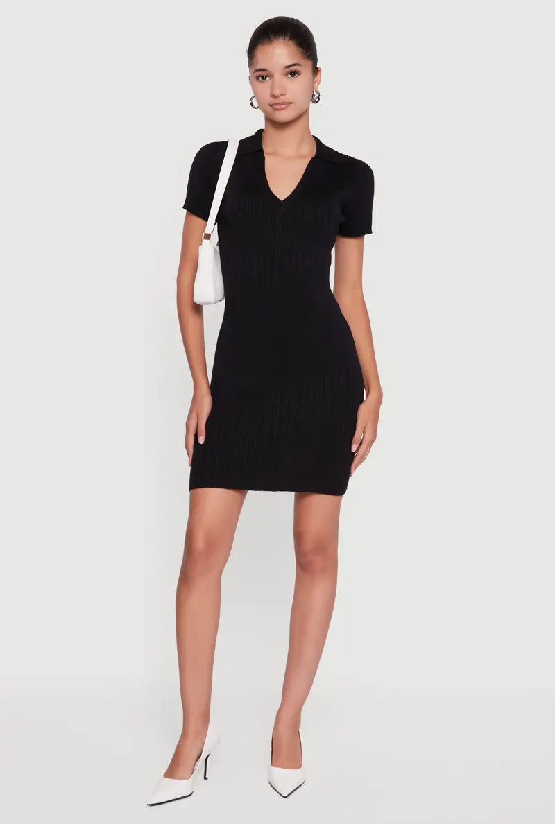 Johnny-Collar Ribbed-Knit Sweater Dress 1