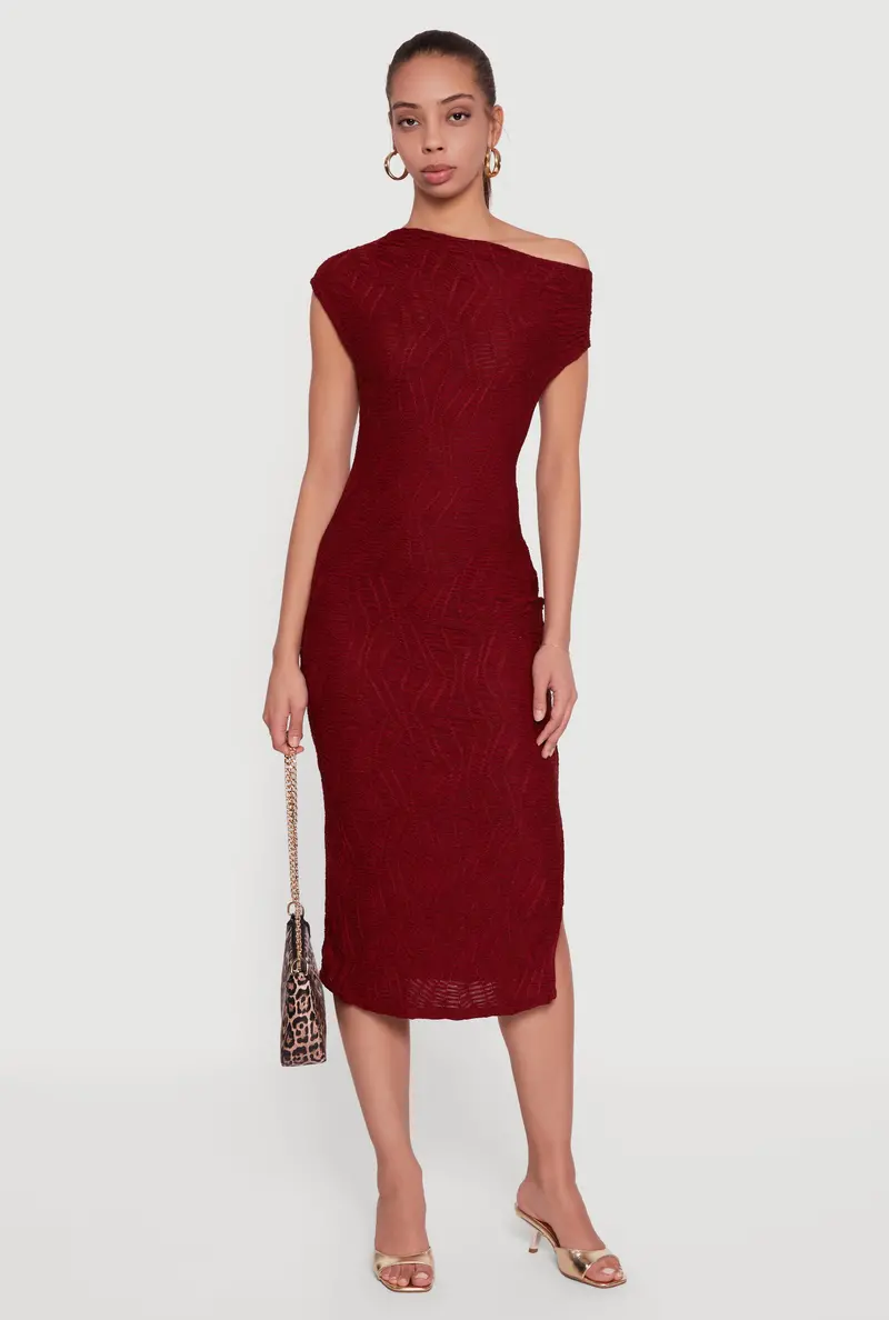 Knit Midi Dress Featuring One-Shoulder Silhouette And Textured Fabric 1