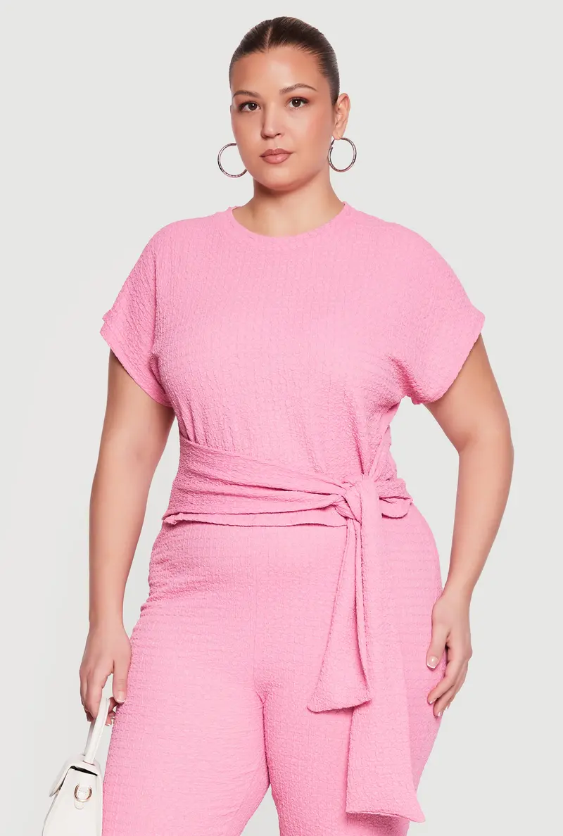 Knit Tie-Front Blouse With Textured Finish – Plus Size 1