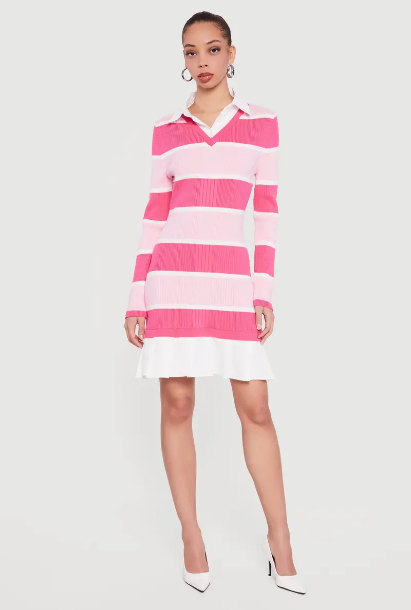 Layered-Look Striped Sweater Dress – Textured Knit 1