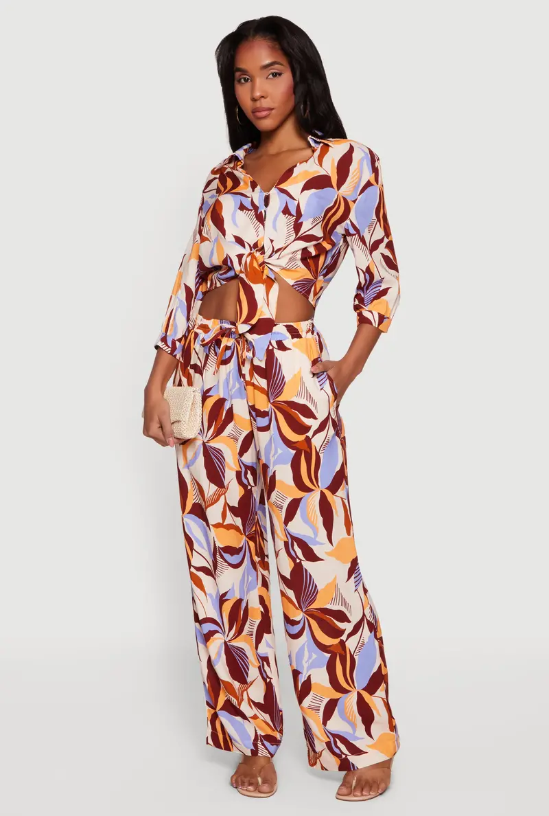 Leaf-Print High-Waisted Drawstring Pull-On Pants 1