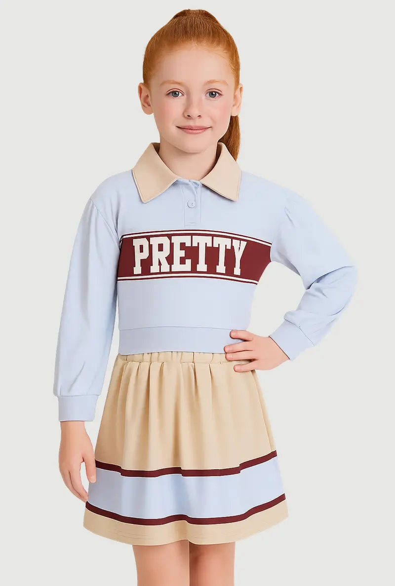 Little Girl'S Graphic Polo Top & Color-Block Skirt Set 1