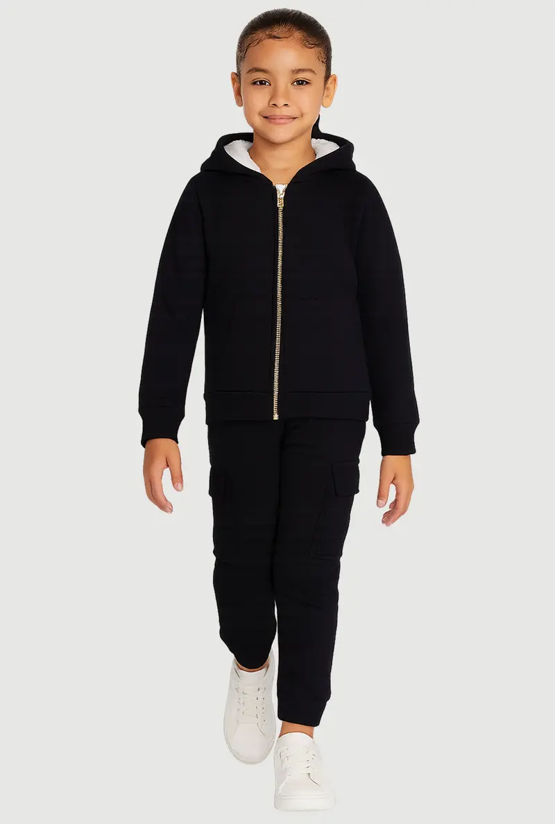 Little Girls Sherpa-Lined Zip-Front Hoodie & Cargo Joggers 1