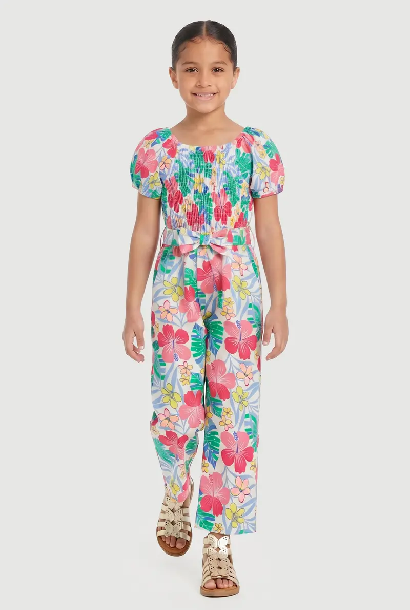 Little Girls' Summer Tropical Jumpsuit With Self-Tie Waist Belt 1