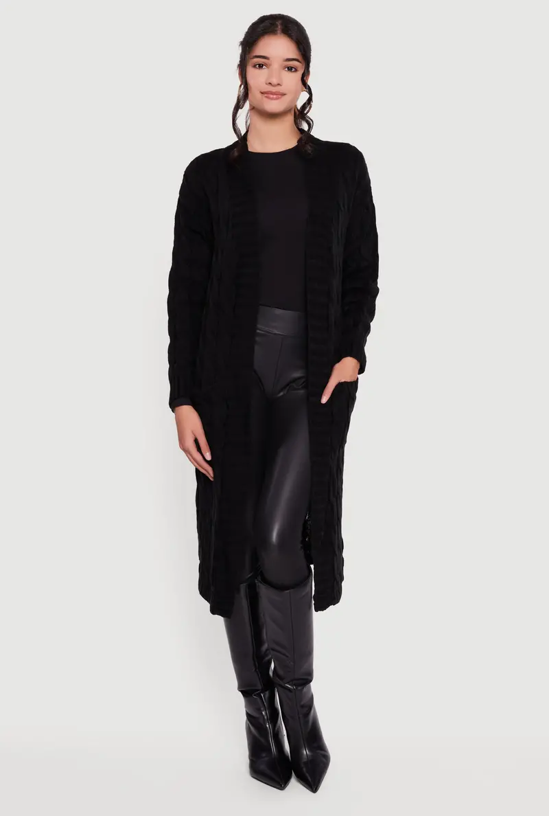 Long Open-Front Cable Knit Cardigan 1