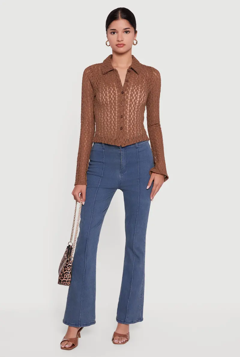 Long Sleeve Button-Front Blouse With Lace Detailing 1