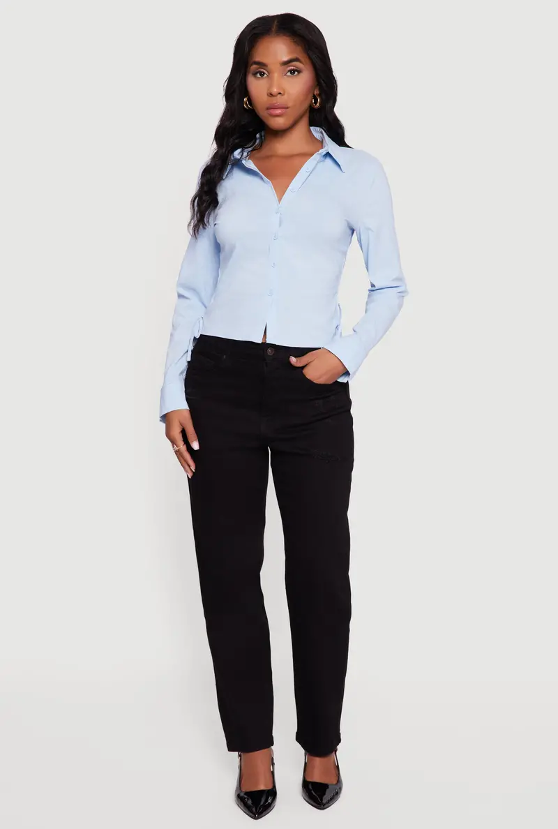 Long-Sleeve Button-Front Shirt With Adjustable Side-Tie Detail 1