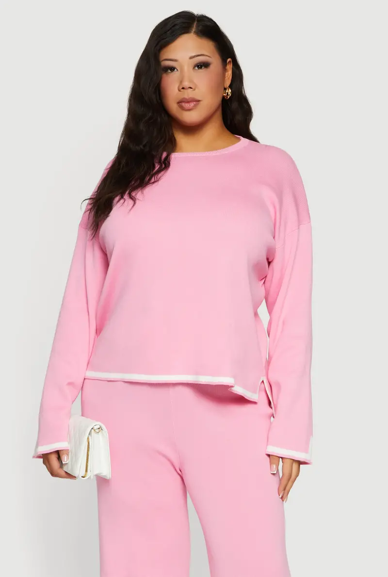 Long-Sleeve Contrast-Trim Sweater – Extended Sizes 1