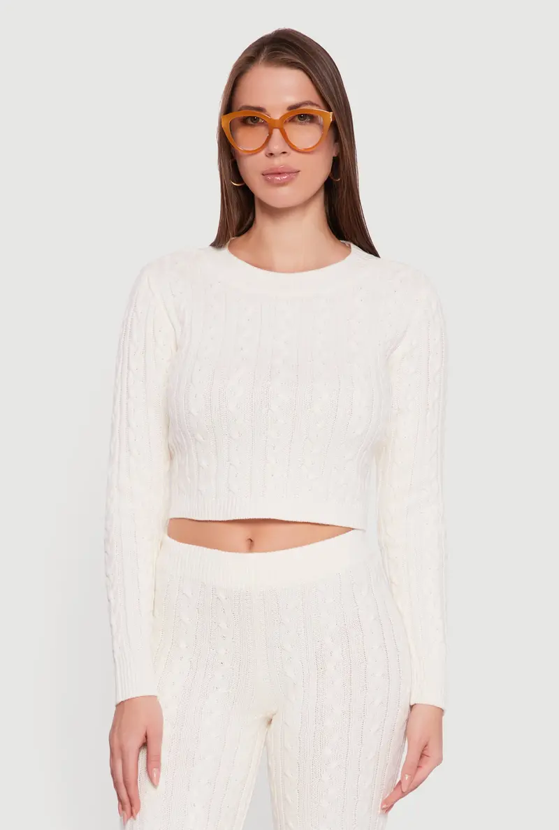 Long-Sleeve Cropped Cable Knit Sweater 1
