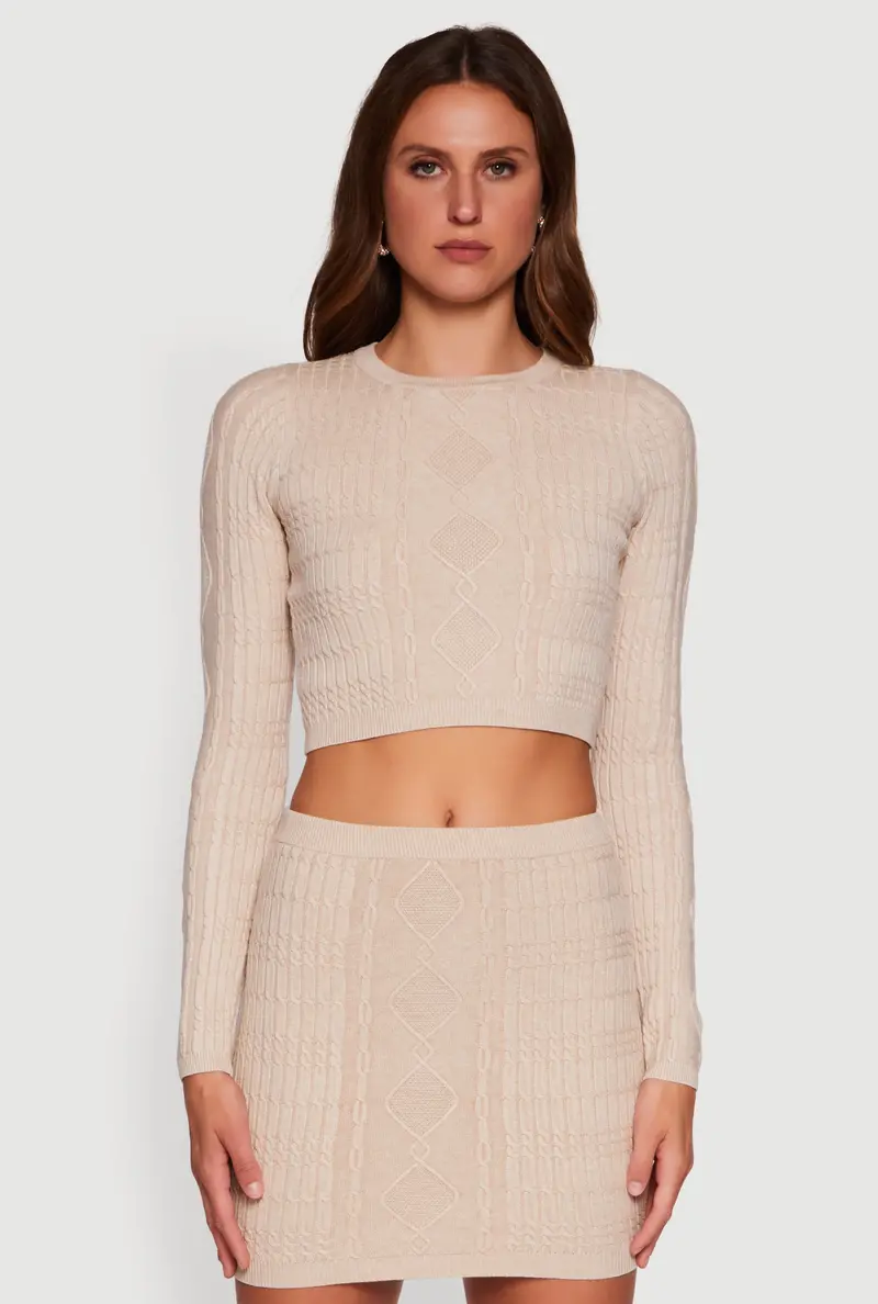 Long-Sleeve Cropped Cable Knit Sweater 1