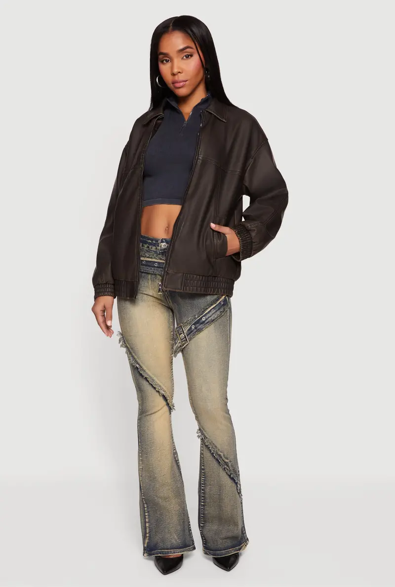 Long-Sleeve Faux Leather Bomber Jacket With Zip Front 1