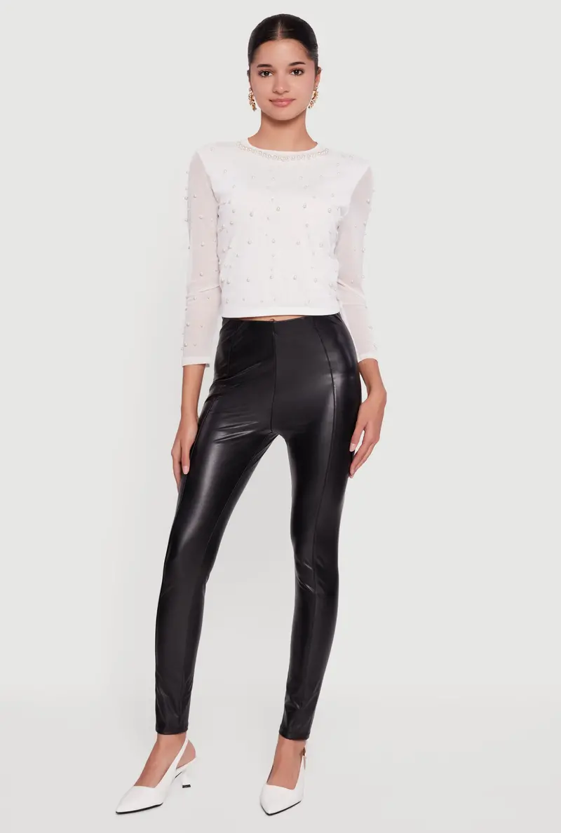 Long-Sleeve Mesh Top With Faux Pearl Accents 1
