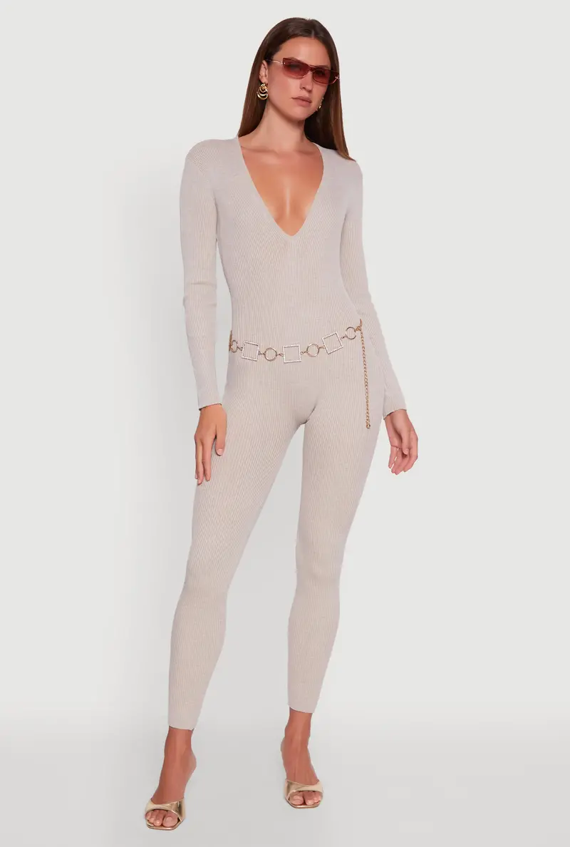 Long Sleeve Rib-Knit Jumpsuit With Back Lace-Up Detail 1