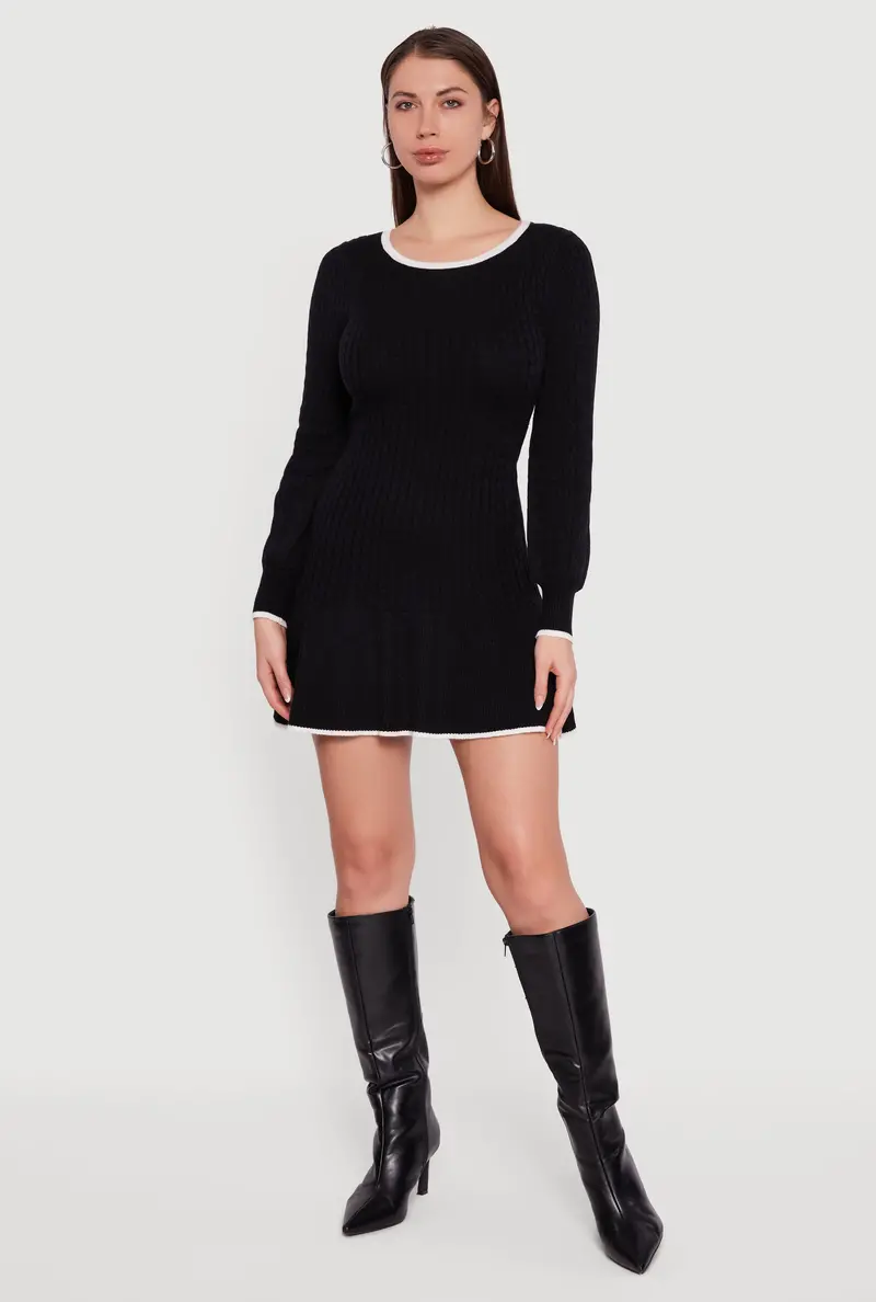 Long-Sleeve Sweater Dress With Crew Neck And Contrast Trim 1