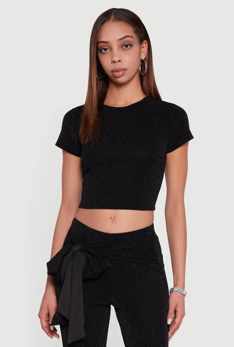 Lurex-Blend Crew-Neck Crop Top With Short Sleeves 1