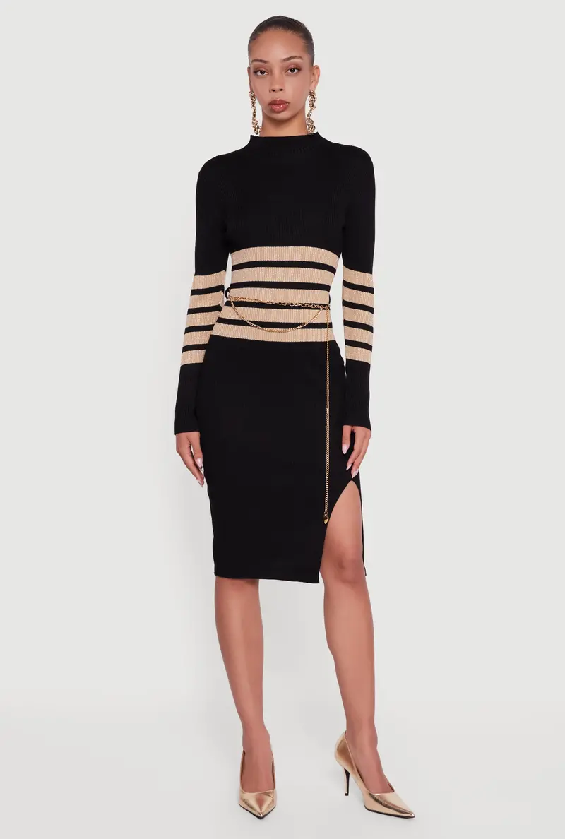 Lurex-Striped Sweater Dress With Metallic Chain Belt And Side Slit 1