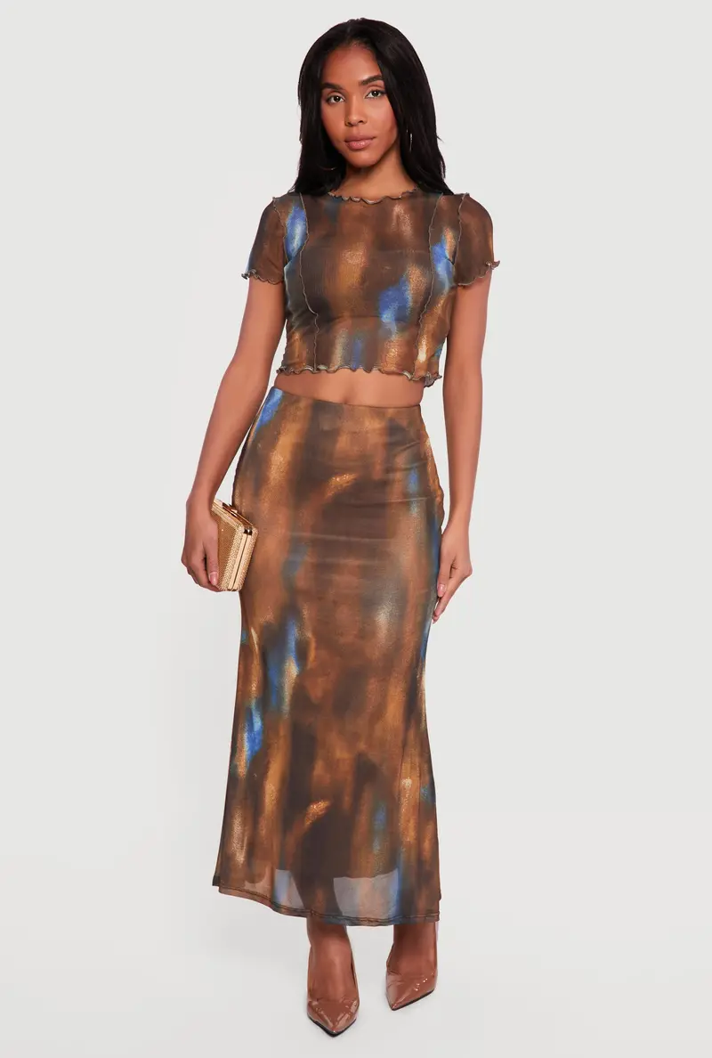 Mesh Overlay Maxi Skirt With Textured Pattern 1