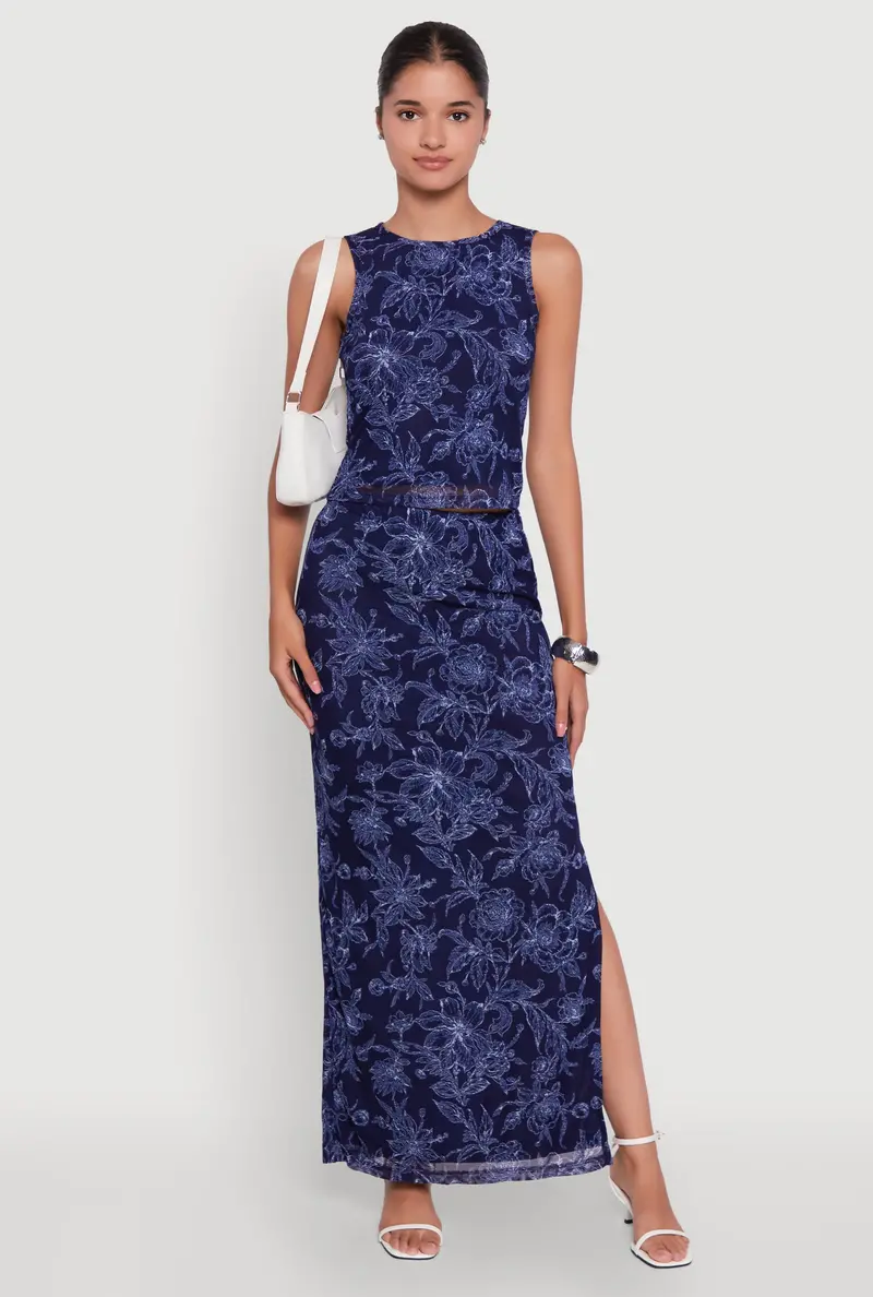 Mesh Tank Top And Side-Slit Maxi Skirt Set 1