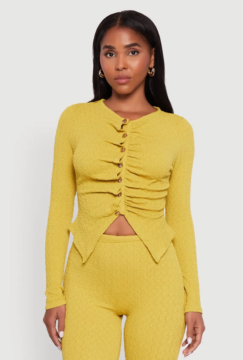 Metallic Button-Front Ruched Knit Crop Top 1