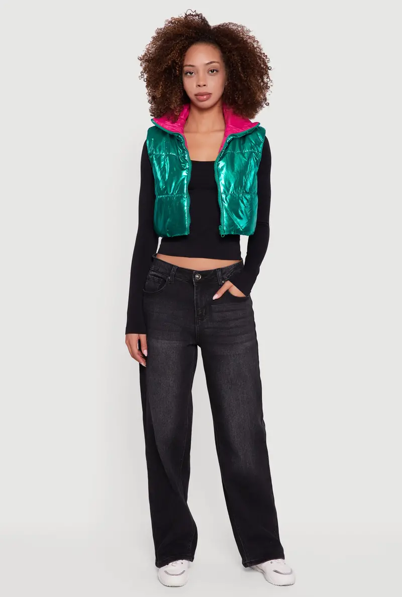 Metallic Foil-Embellished Cropped Puffer Vest 1
