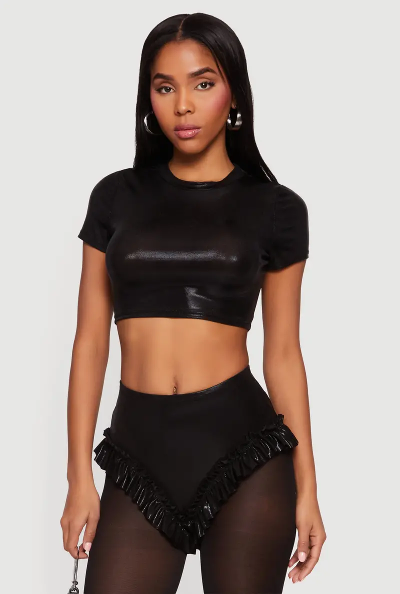 Metallic Foil Screen Short-Sleeve Cropped Top 1