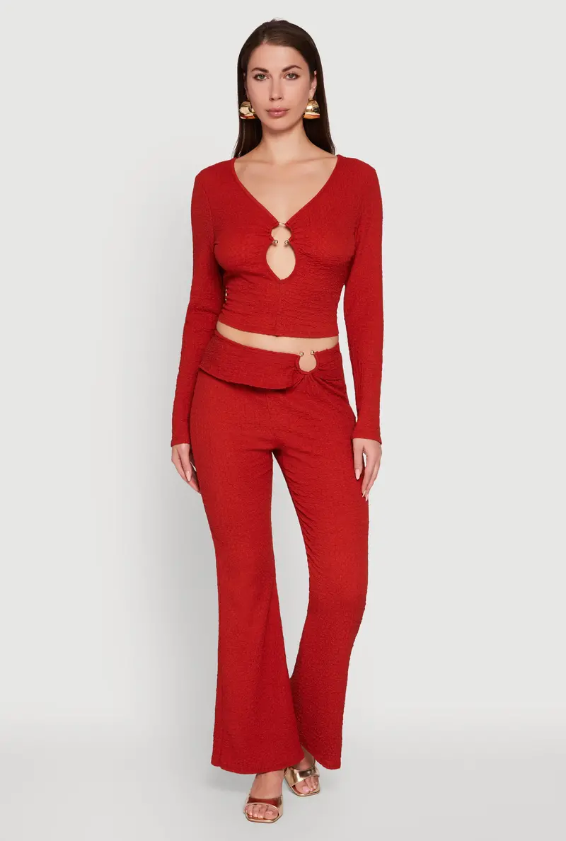 Metallic O-Ring Keyhole Belted Flared Pants 1