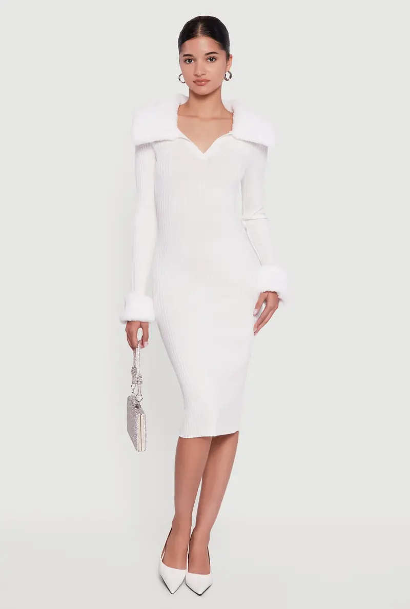 Midi Sweater Dress – Removable Faux Fur Collar & Cuffs 1