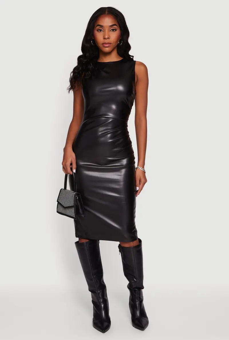 Minimalist Sleeveless Faux Leather Midi Dress 1