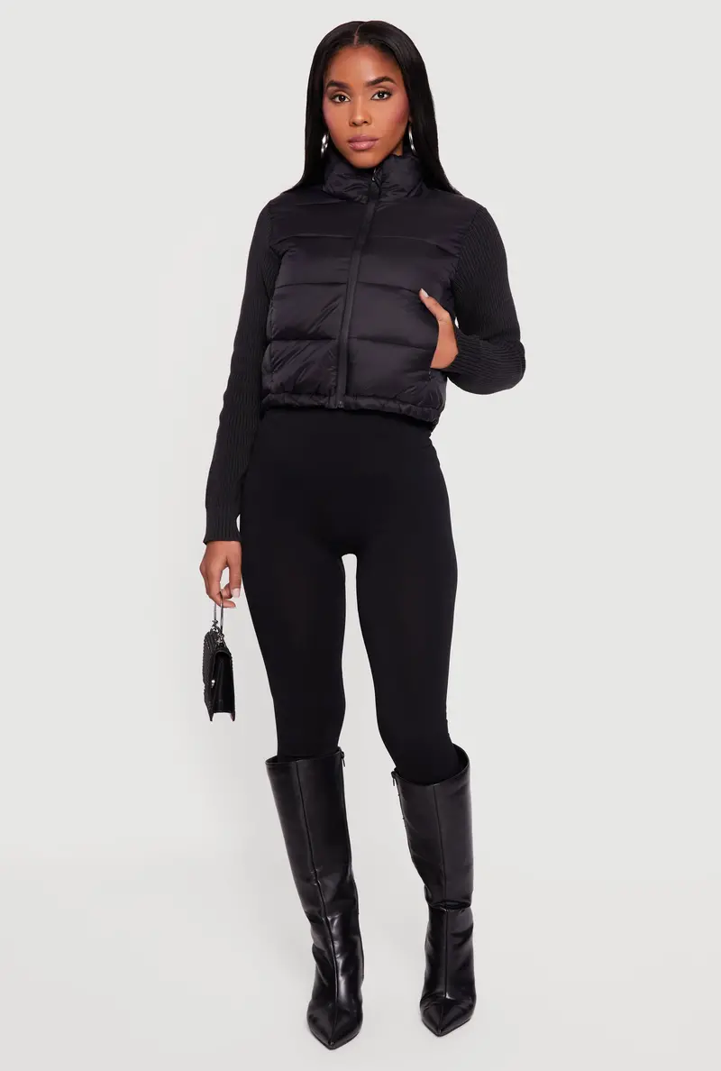 Mock Neck Puffer Jacket With Knit Sleeve Inserts 1