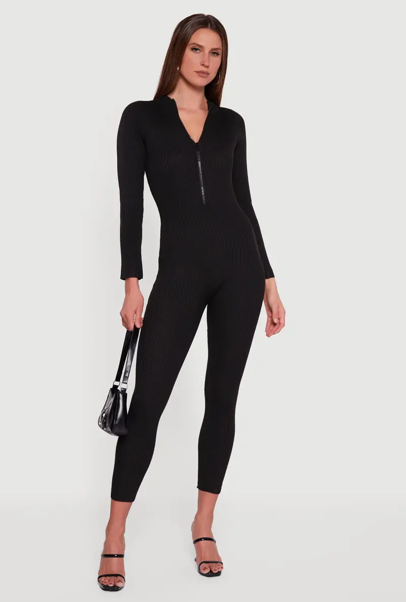 Mock-Neck Ribbed Jumpsuit Featuring Full Front Zip Closure 1