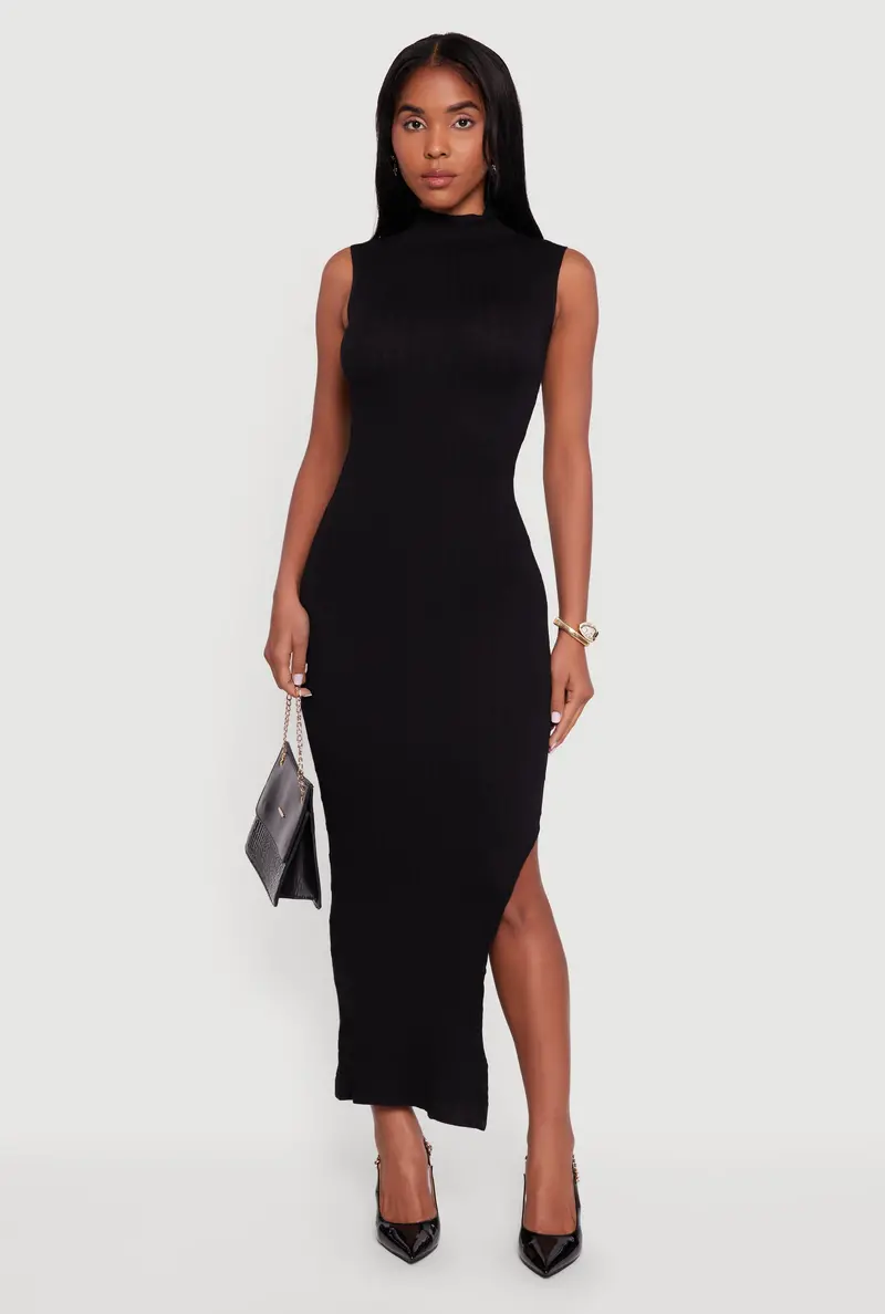 Mock-Neck Sleeveless Sweater Dress With Side Slit 1