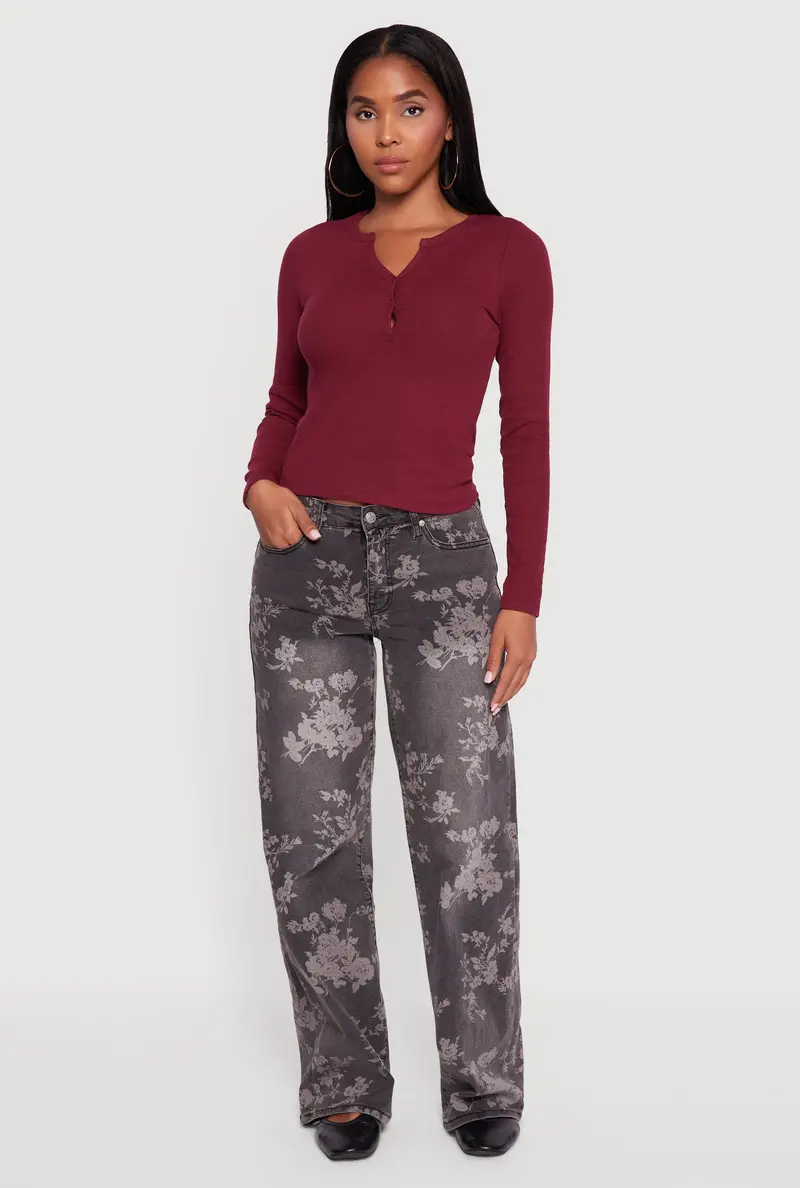Notch-Neck Cropped Long-Sleeve Henley Top 1